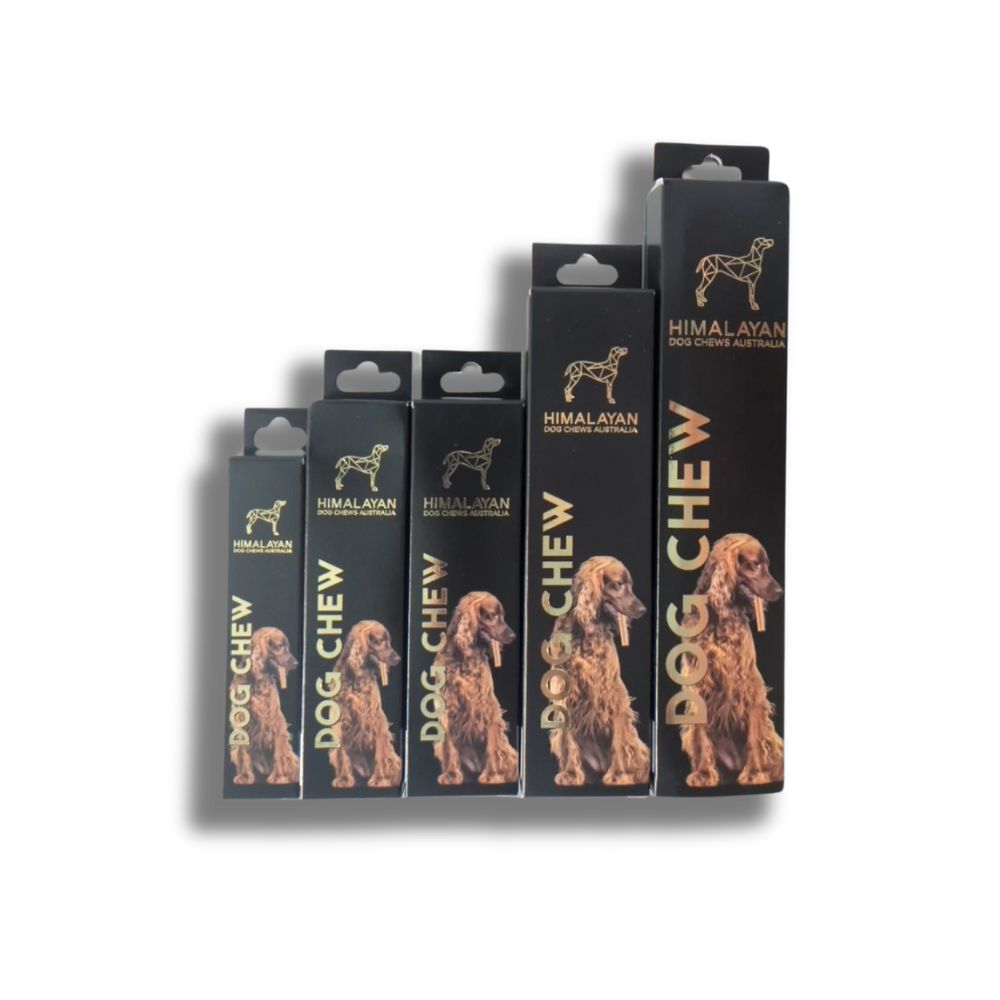 Himalayan Dog Chews Australia Range of 5 chews in boxes Front of box views